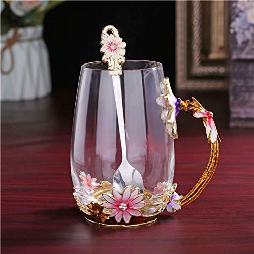 Purple Tall Enamel Flower Glass Coffee Mug with Spoon - Gift for Women