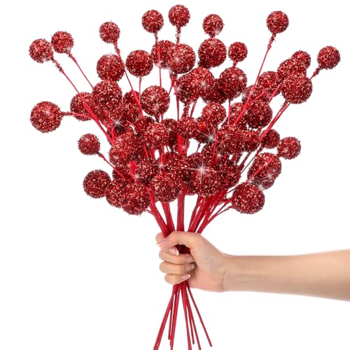 Suncalla 10pcs Christmas Glitter Berry Stems 19.7in Red - Holiday Tree & Decor