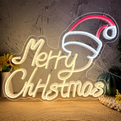 Allball Merry Christmas Neon Sign Wall Decor LED Santa Hat - Warm White, Cold White & Red
