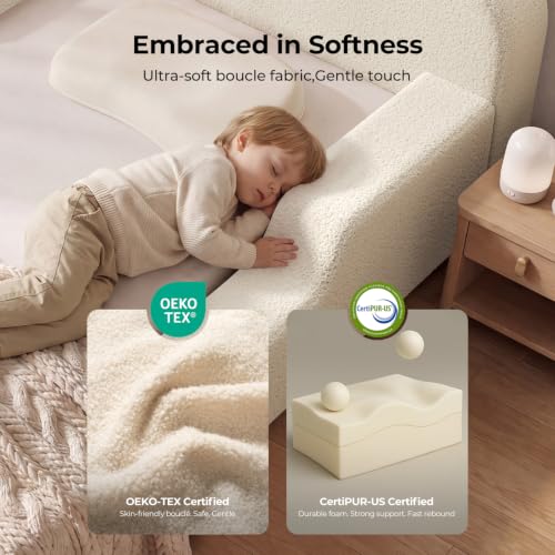 Upholstered Toddler Floor Bed with Safety Rails - Beige Boucle Foam Frame