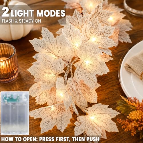 Lighted White Maple Leaf Fall Garland - 2 Pack, 13ft 40 LED String Lights