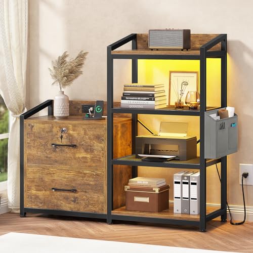 2-Drawer Filing Cabinet with Power Strip, RGB LED Lights and Open Shelving