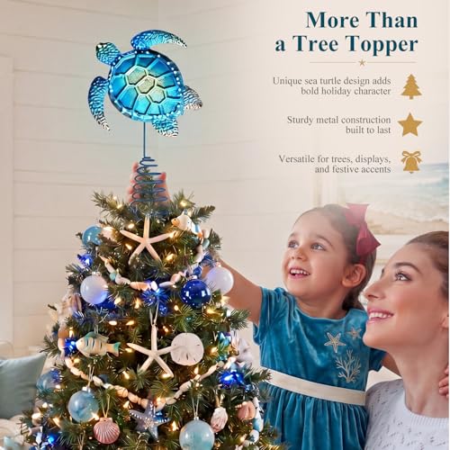 Metal Blue Sea Turtle Christmas Tree Topper | Coastal Nautical Beach Decor