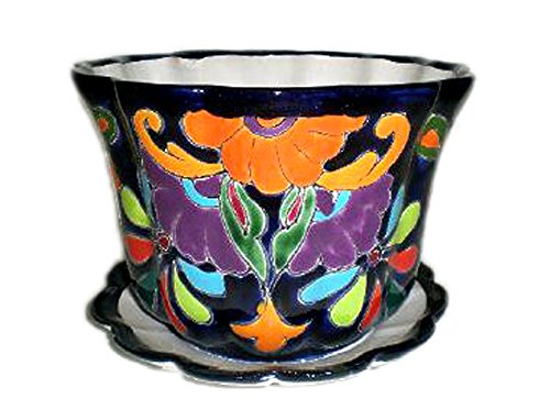 Talavera 8-inch Hand-Painted Decorative Pot with Saucer - Indoor & Outdoor