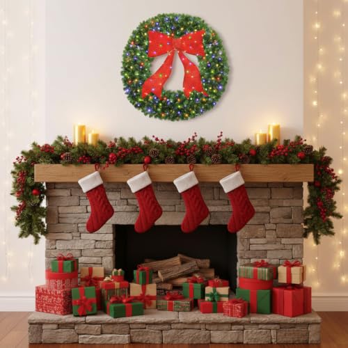 RABESAMDY 36 Inch Artificial Christmas Wreath with Dual-Color LED Lights & Red Bow, 10 Modes
