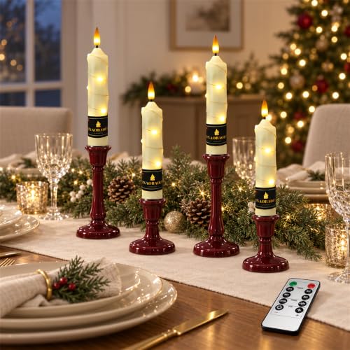 Ivory Flameless Taper Candles 4 Pack - Battery Operated LED with Remote & Flickering Flame, 6.5 Inch for Holiday Decor