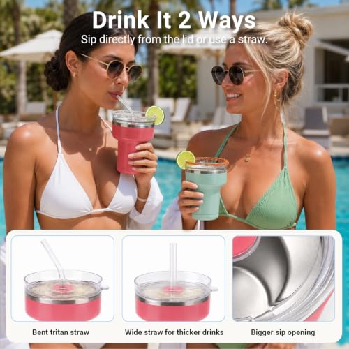 Cafezi Coral Pink 16 oz Insulated Margarita Tumbler with 360° Sippable Lid & Straws