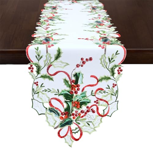 Grelucgo Embroidered Holly Leaves Table Runner 14x70in - Satin Holiday Home Decor