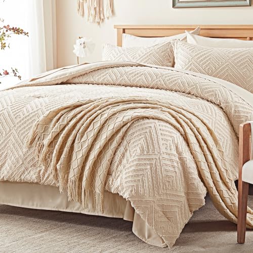 Boho Tufted Queen Comforter Set - 7-Piece Beige All-Season Bed in a Bag