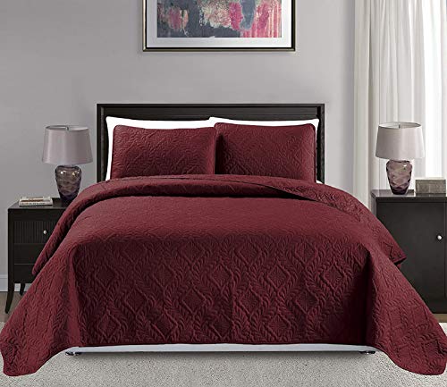 MK Home Oversized King Bedspread Set - 3-Piece Burgundy Diamond Bed Cover