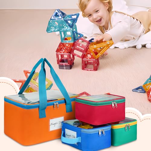 4-Pack Magnetic Tiles Storage Bags with Label Pockets & Mesh Organizer