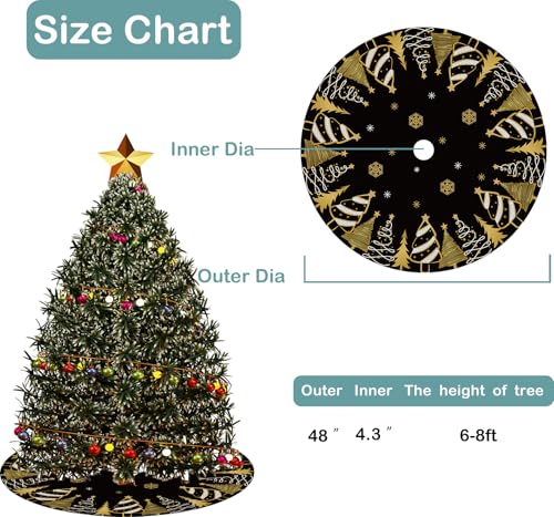 48-Inch Black and Gold Velvet Christmas Tree Skirt - Snowflake Base Cover