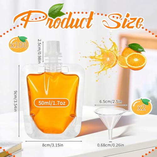 50ml Reusable Plastic Drink Pouches Bulk with Funnels - Leakproof Juice Bags for Travel, Food-Grade, Clear, 100 pcs