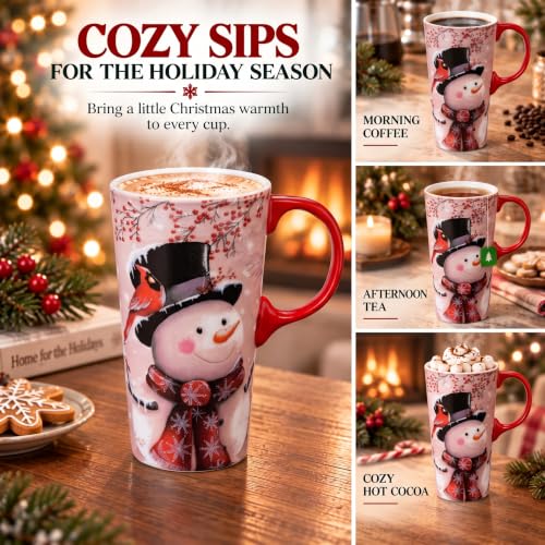 Topadorn 17oz Ceramic Travel Mug with Lid - Snowman Cardinal Christmas Coffee Cup