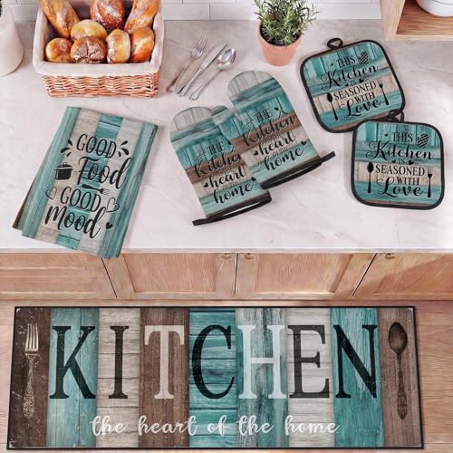 10-Piece Farmhouse Kitchen Decor Set, Turquoise Teal Towels, Rugs & Mitts