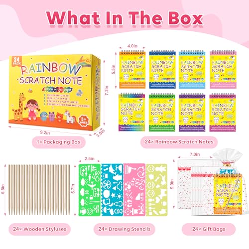 24 Pack Rainbow Scratch Art Notebooks with Styluses and Gift Bags for Kids