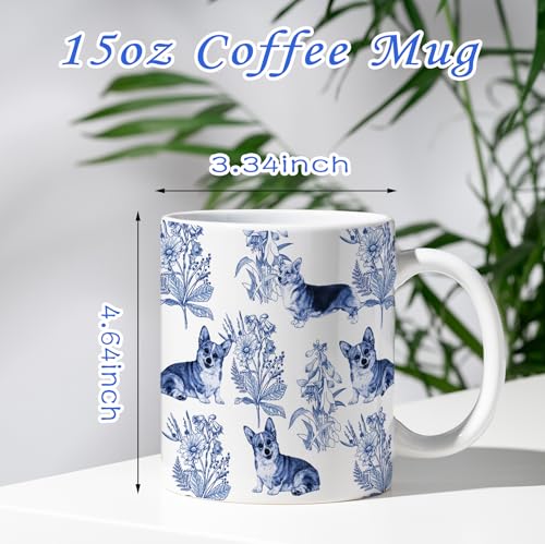 RVEAFA Corgi Coffee Mug 15 oz - Blue French Toile, Gift for Women