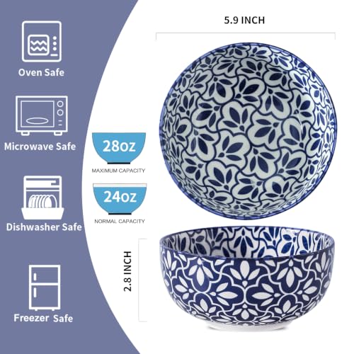 JINGUS Lattice 28 oz Cereal Bowls Set of 6 – Vintage Blue & White Porcelain