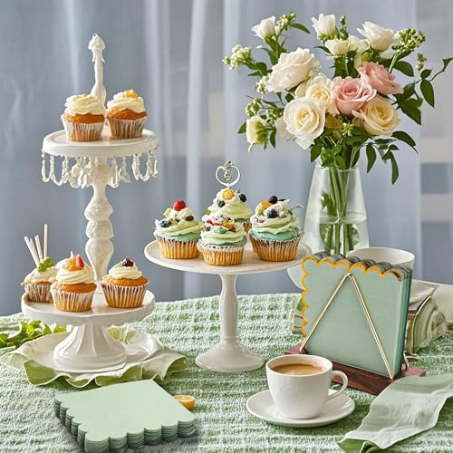 Mealivos 100 Pack Gold Green Disposable Cocktail Napkins 5x5 Inches 2-Ply Scalloped Edges for Weddings & Parties