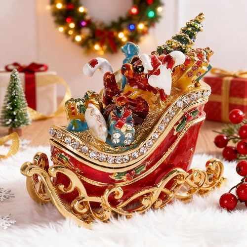 YU FENG Christmas Sleigh Trinket Box with Hinged Enamel & Crystals, 3.5 inch Holiday Decor