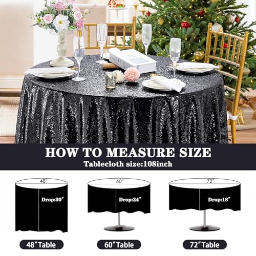 QueenDream Black Sequin Round Tablecloth 108 inch - Glitter Festive Table Cover