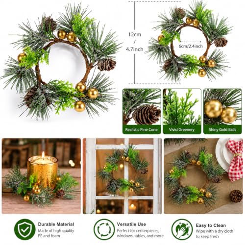 WILLBOND 6 Pcs 4.7 Inch Gold Christmas Candle Rings Mini Wreaths