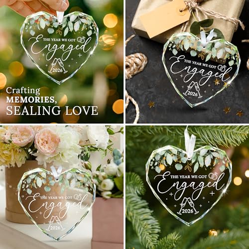 2026 Engagement Heart Glass Ornament - Keepsake Gift for Couples