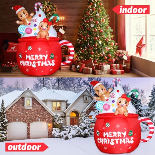 6FT Christmas Gingerbread Inflatable with LED Lights Hot Cocoa Mug & Candy Cane Yard Decor