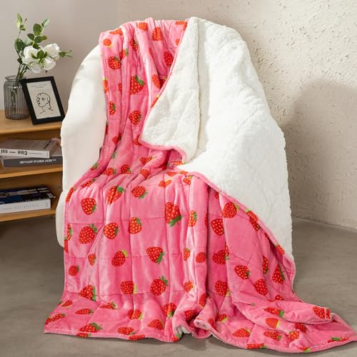 Strawberry Pink Weighted Blanket, 15lbs Twin Size 48x72in Sherpa Throw