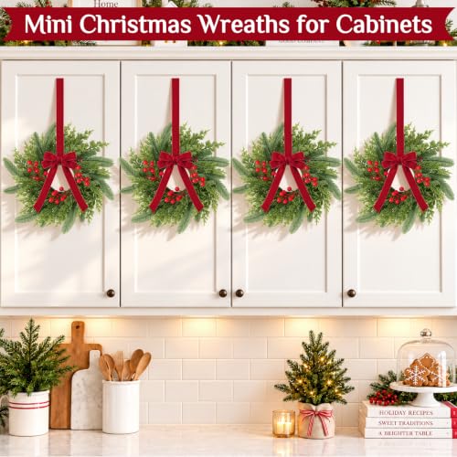 Green & Red 18 Pack 15-Inch Mini Christmas Wreaths for Cabinets with Bows