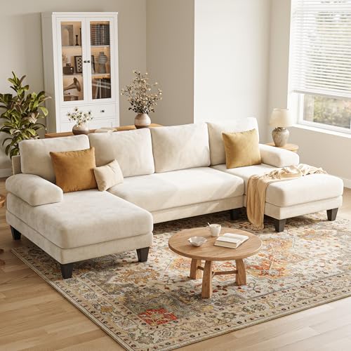 112-Inch U-Shaped Sectional Sofa with Double Chaise, Warm White Chenille