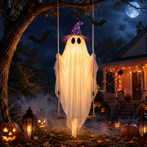 11 FT Light-Up Hanging Ghost Outdoor Halloween Decor with Swing & Bats
