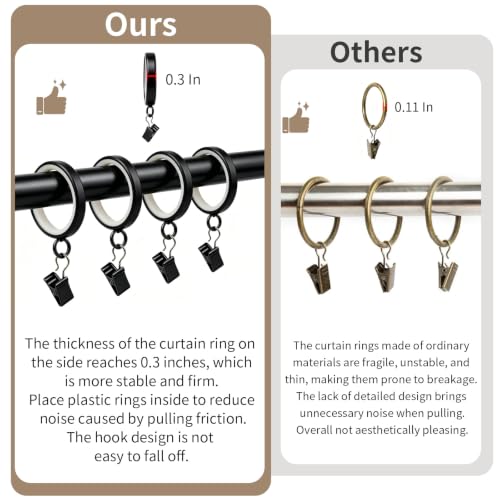 22 Pack Metal Curtain Rings with Clips, 1.6-Inch Inner Diameter, Black