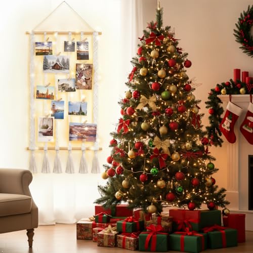 Macrame Wall Hanging Photo Display with LED String Lights & 30 Clips