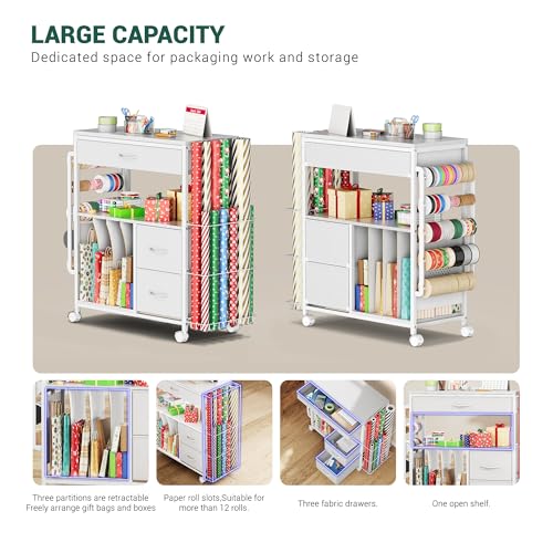 Rolling Gift Wrapping Paper Storage Cart with Ribbon Holder and Drawers
