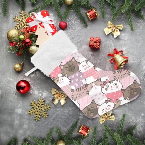 Bolaz Christmas Stockings 18 Inch Burlap with Plush Faux Fur Cuff Cat Kitten Print Pattern 2