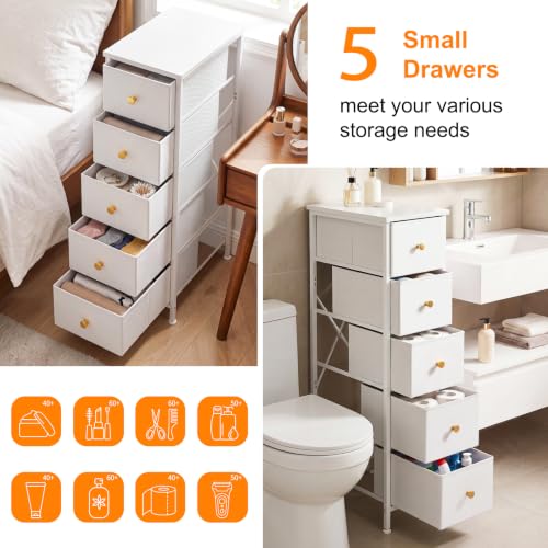 Fixwal White Narrow Storage Cabinet with 5 Fabric Drawers, 16.5"D x 9.5"W x 36.6"H Slim Dresser