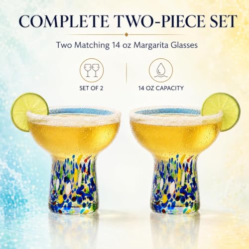 Confetti Stemless Margarita Glasses Set of 4 - Hand Blown Colorful Drinkware, Cocktail & Wine Glasses, Mexican Celebration