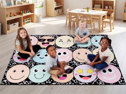 Pastel Smile Face Classroom Rug 5x7 ft Non-Slip Educational Play Mat
