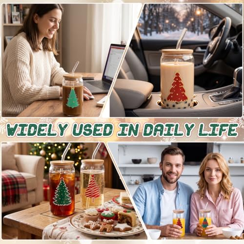Tioncy 8 Pcs 16oz Christmas Tree Glass Cups with Bamboo Lids, Straws & Brush Set (Christmas Variation)