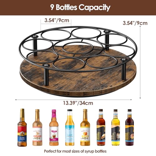 9-Bottle Rotating Coffee Syrup Rack, Carbon Steel and Wood Organizer