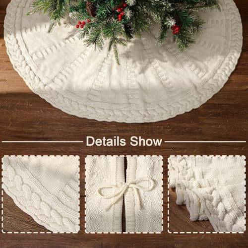 48 Inch Cable Knit Christmas Tree Skirt - Cream White Rustic Farmhouse Decor