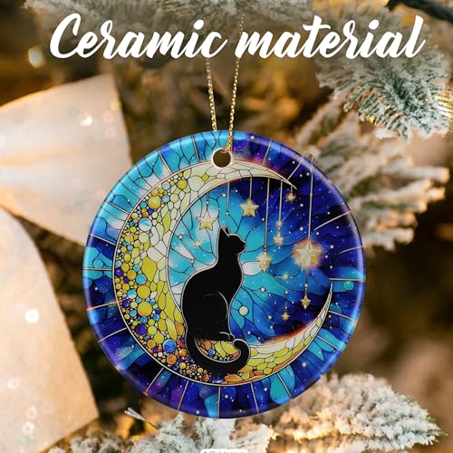 Jocidea Black Cat-moon Christmas Ornament – Ceramic Holiday Decor, Gift Boxed