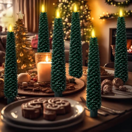 Funtery 6-Pack 10in LED Pine Cone Candles Flameless Real Wax with Remote (Green Pinecorn)