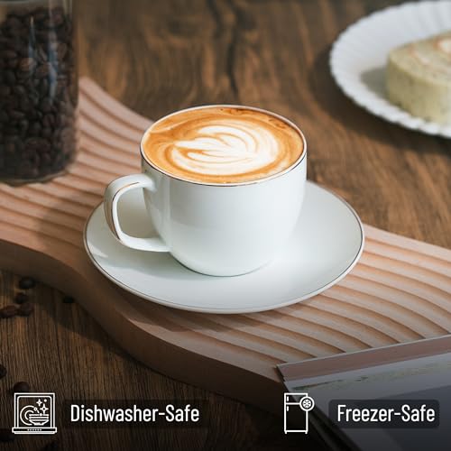 Daisy White Gold Trim 8oz Coffee & Tea Cups with Saucers Set of 12 – Brew To A Tea