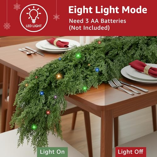 9Ft Cedar Christmas Garland with Lights for Mantle – Prelit Indoor/Outdoor Spruce Green Faux Pine, NUTIKAS