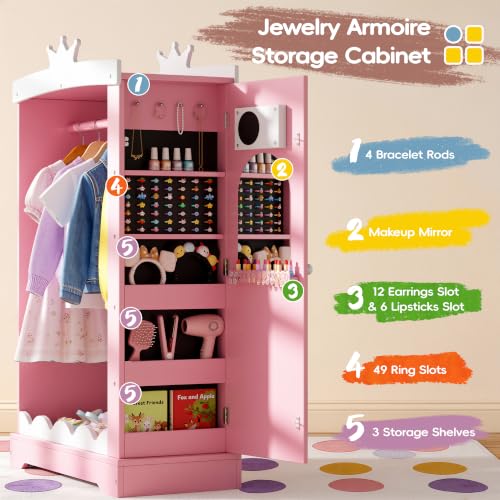 Kids Dress Up Wardrobe with Light-Up Mirror and Jewelry Storage - Pink