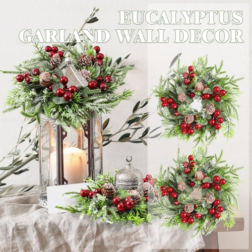 4-Pack Mini Christmas Candle Ring Wreaths with Berries & Pinecones