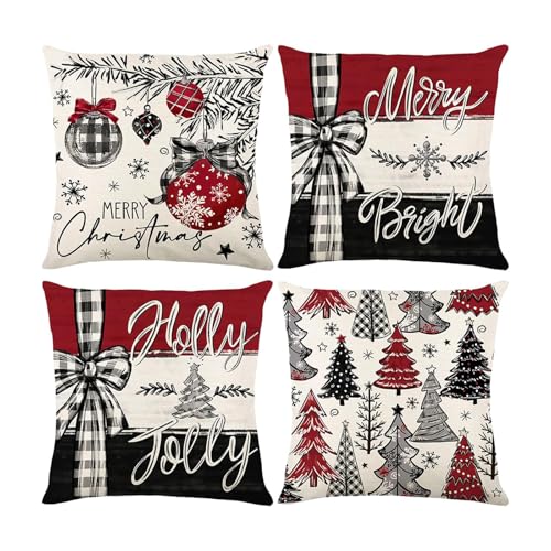 ONFAON Christmas13 Throw Pillow Covers 18x18 - 4ct Red Trees & Snowflakes