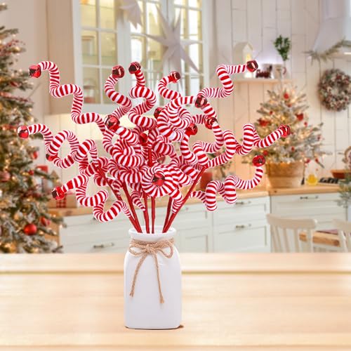 Sggvecsy Red Christmas Candy Cane Woolen Bell Decor - 6 pcs Holiday Tree Picks